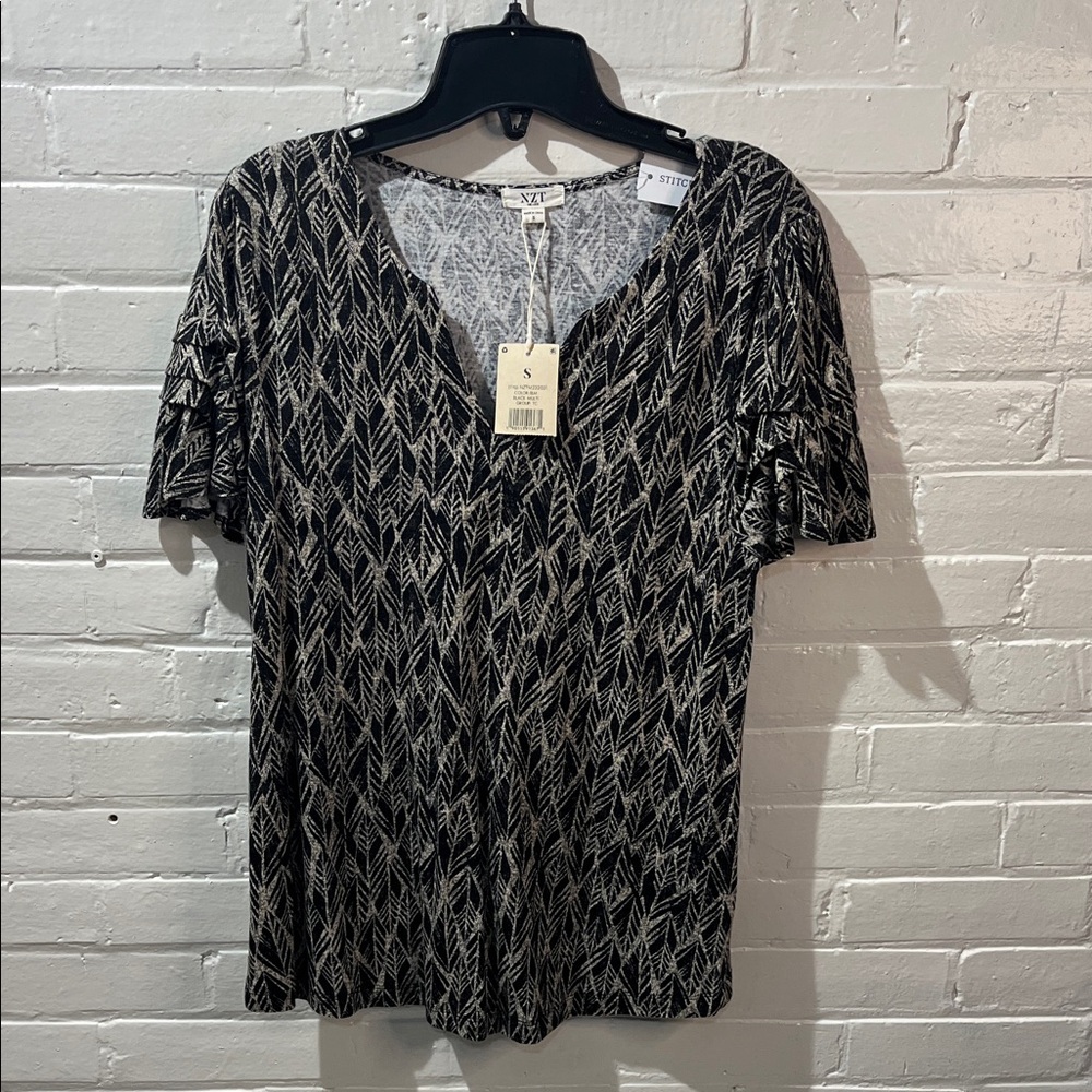 NIC+ZOE Black and Tan Leaf Short Sleeve Top NWT